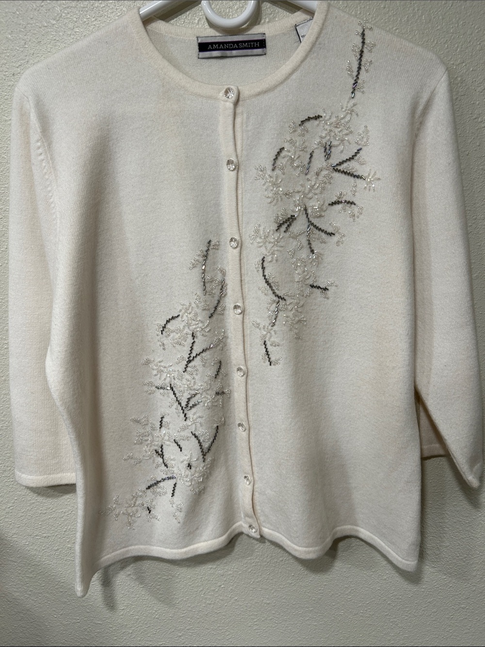Amanda Smith Cream Beaded Floral Crew Cardigan with Silver Accents